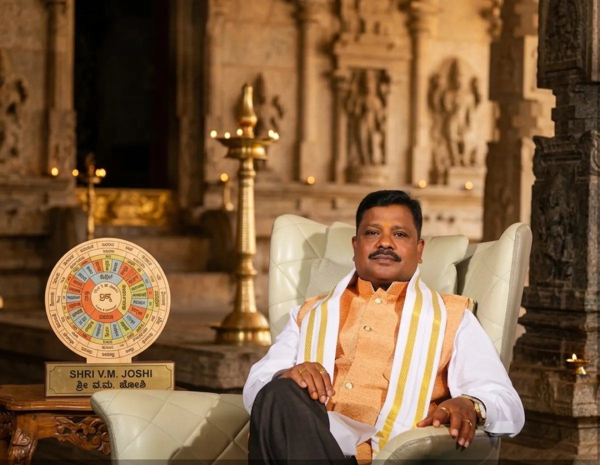 Shri V. M. Joshi seated in front of an astrology chart display