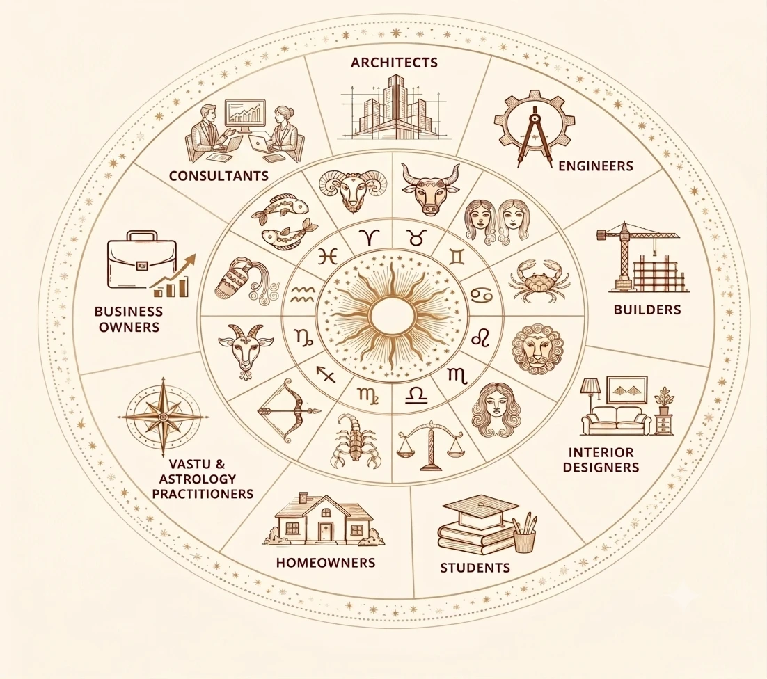 Zodiac wheel showing who can join: architects, engineers, builders, interior designers, students, homeowners, Vastu & astrology practitioners, business owners, and consultants